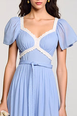 A Linie Hellblaues Langes Hochzeitsgastkleid mit Schärpe