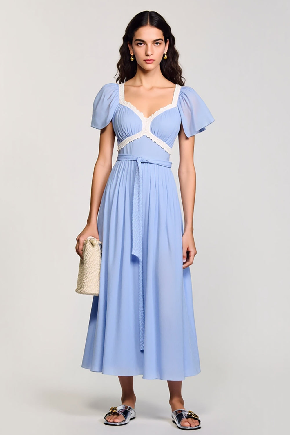 A Linie Hellblaues Langes Hochzeitsgastkleid mit Schärpe