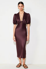 Dunkelrotes Etui Midi Kleid für Hochzeitsgäste