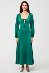 Langärmeliges Grünes Hochzeitsgastkleid mit quadratischem Ausschnitt