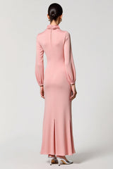 Langärmeliges Hochzeitsgastkleid mit Wasserfallausschnitt in A-Linie