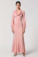 Langärmeliges Hochzeitsgastkleid mit Wasserfallausschnitt in A-Linie