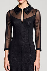 Schwarzes Midi A-Linie Kleid für Hochzeitsgäste mit Revers
