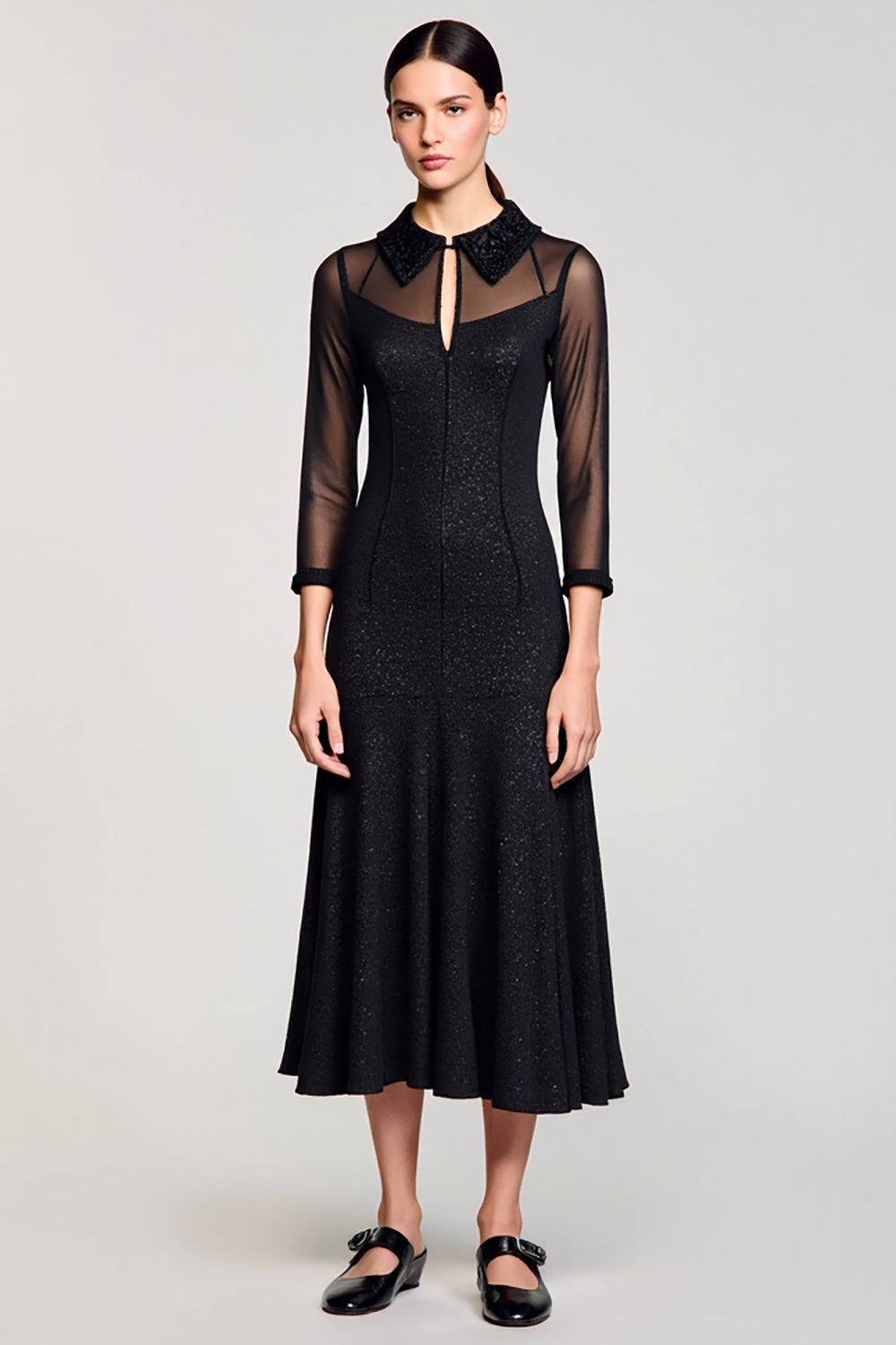 Schwarzes Midi A-Linie Kleid für Hochzeitsgäste mit Revers