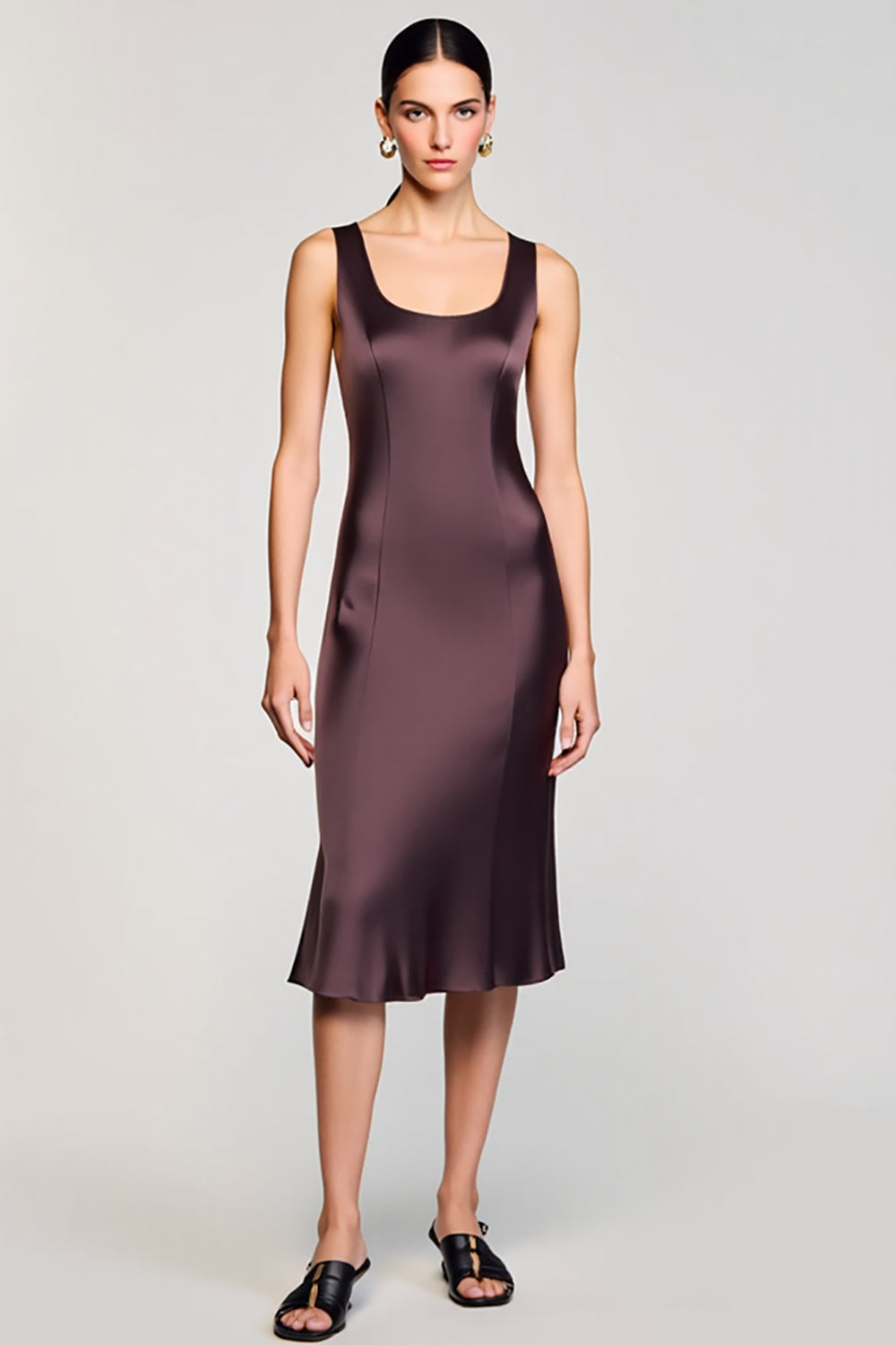 Braunes Midi Kleid für Hochzeitsgäste mit quadratischem Ausschnitt