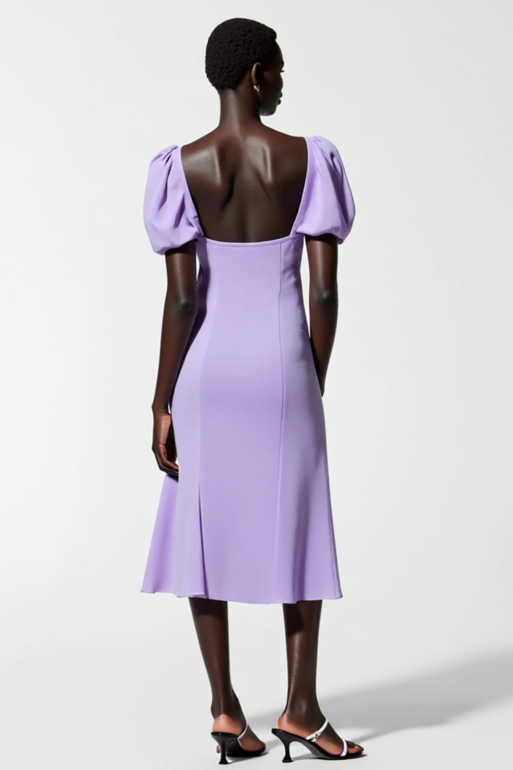 Lila A Linie Midi Kleid für Hochzeitsgäste mit Puffärmeln
