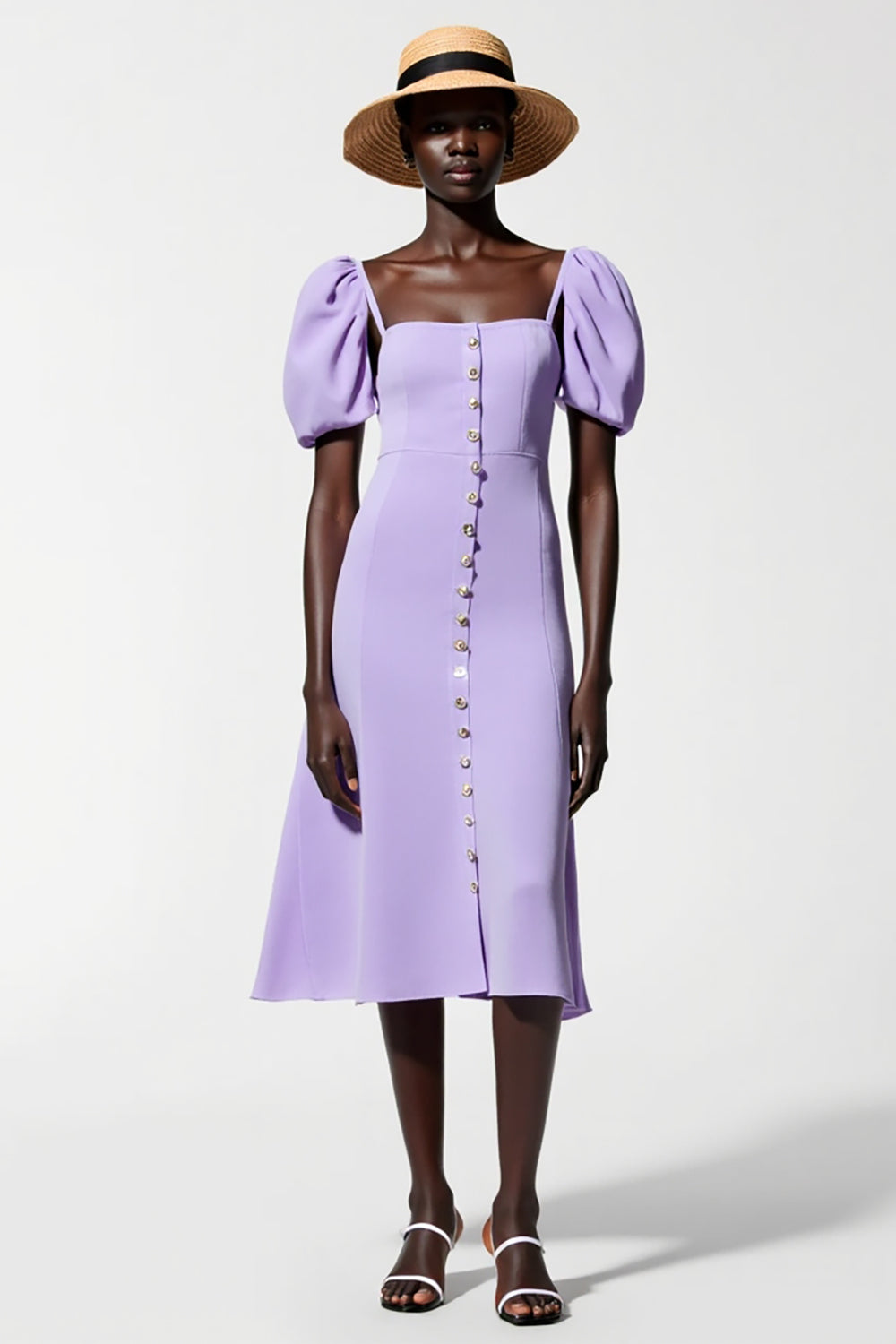 Lila A Linie Midi Kleid für Hochzeitsgäste mit Puffärmeln