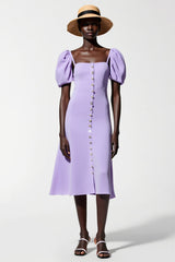 Lila A Linie Midi Kleid für Hochzeitsgäste mit Puffärmeln