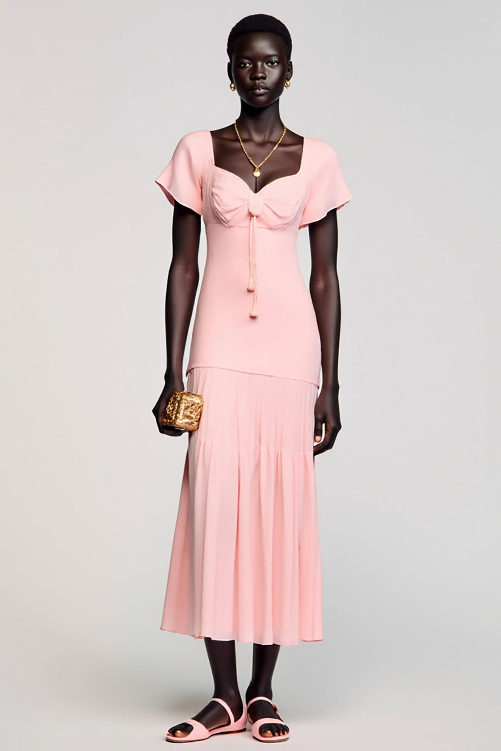 A Linie Rosa Midi Kleid für Hochzeitsgäste mit Schleife