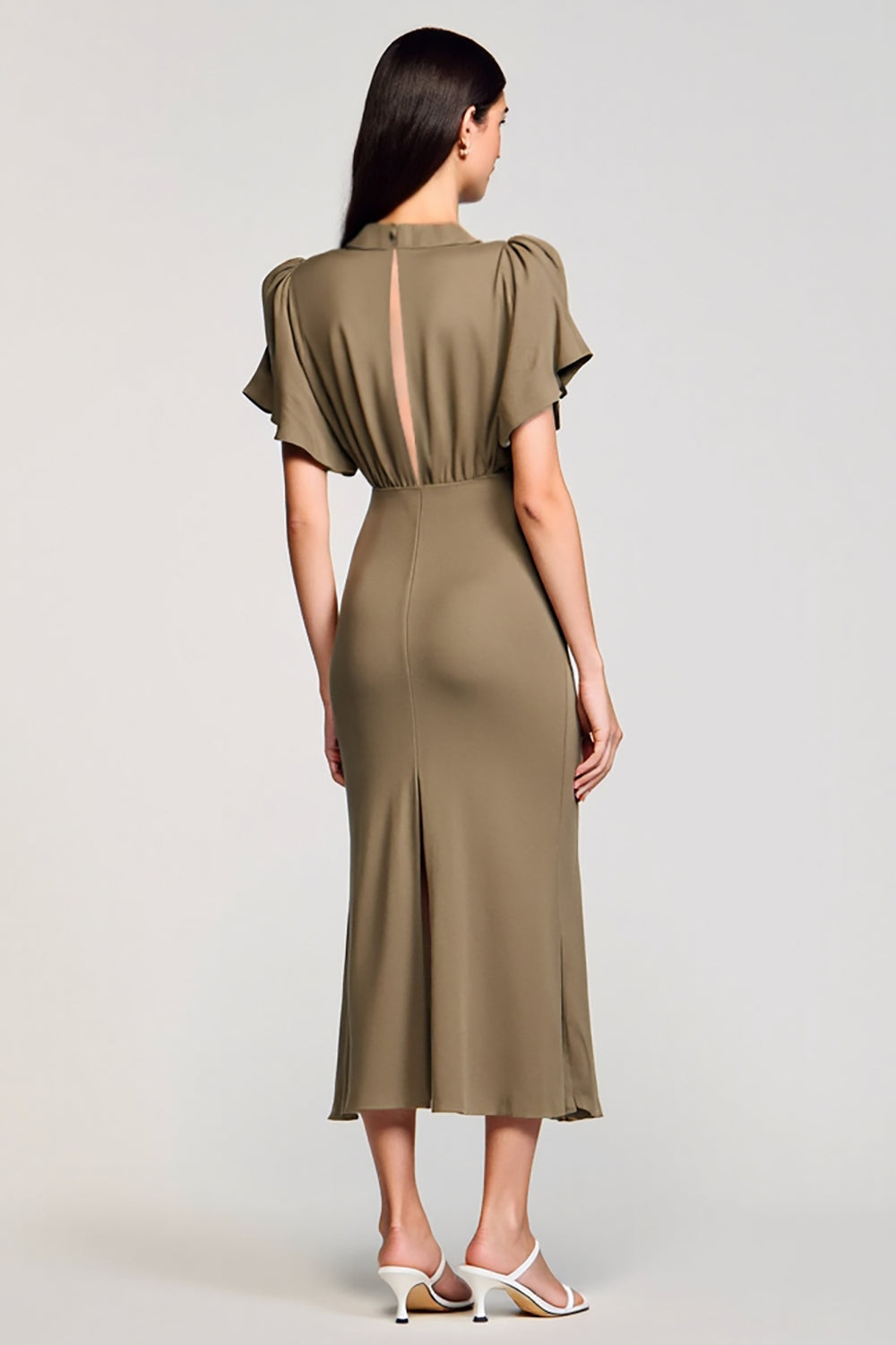 Olive Etui Midi Kleid für Hochzeitsgäste mit V-Ausschnitt und Pailletten