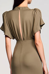 Olive Etui Midi Kleid für Hochzeitsgäste mit V-Ausschnitt und Pailletten