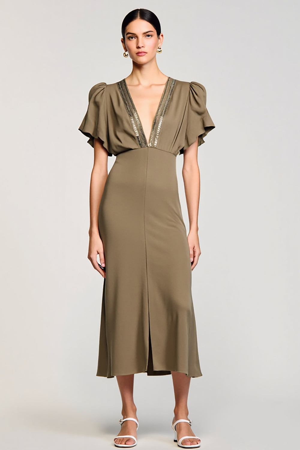 Olive Etui Midi Kleid für Hochzeitsgäste mit V-Ausschnitt und Pailletten