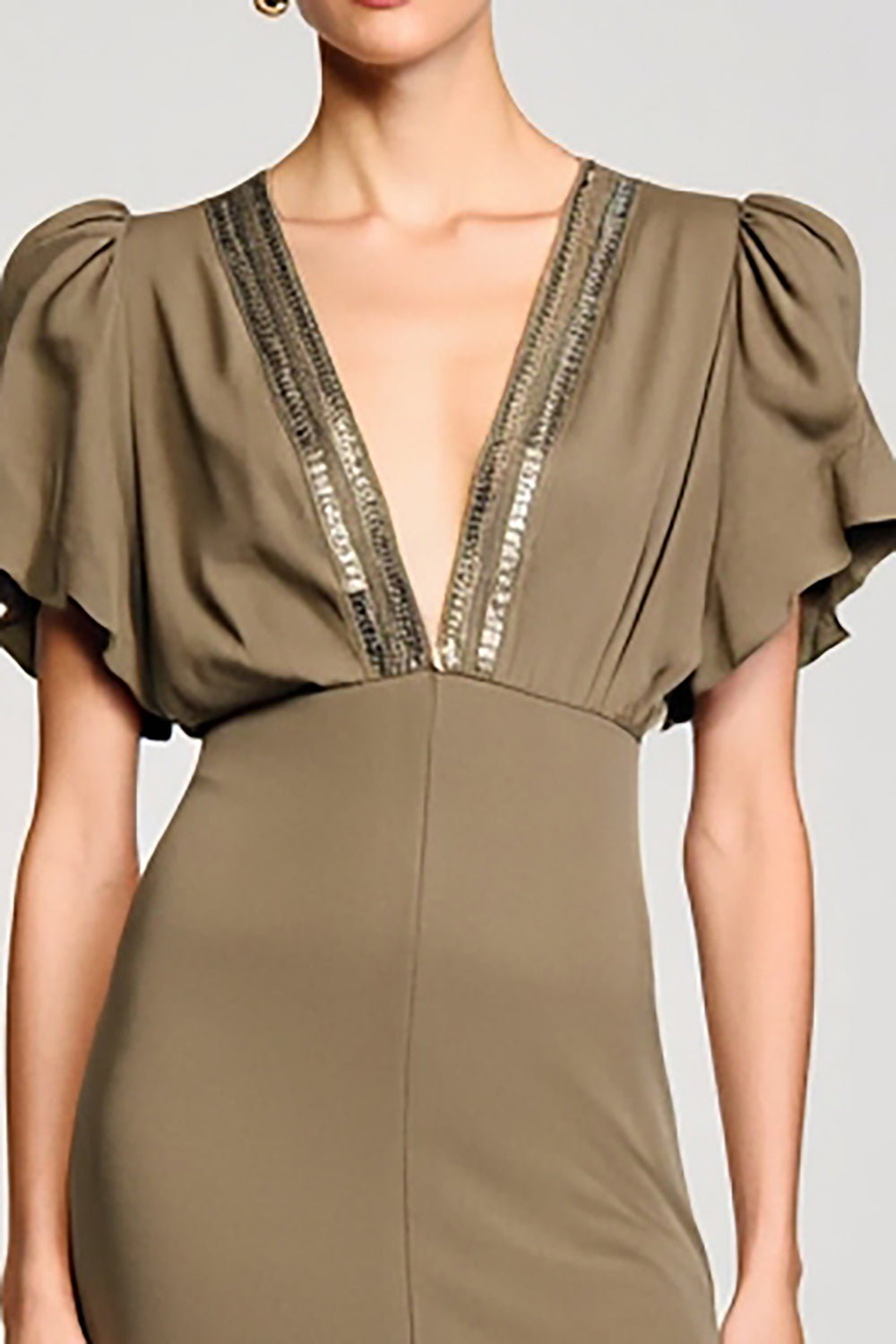 Olive Etui Midi Kleid für Hochzeitsgäste mit V-Ausschnitt und Pailletten