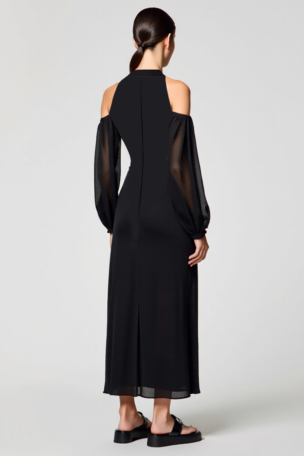 Schwarzes Langes Hochzeitsgastkleid mit kalter Schulter in A-Linie