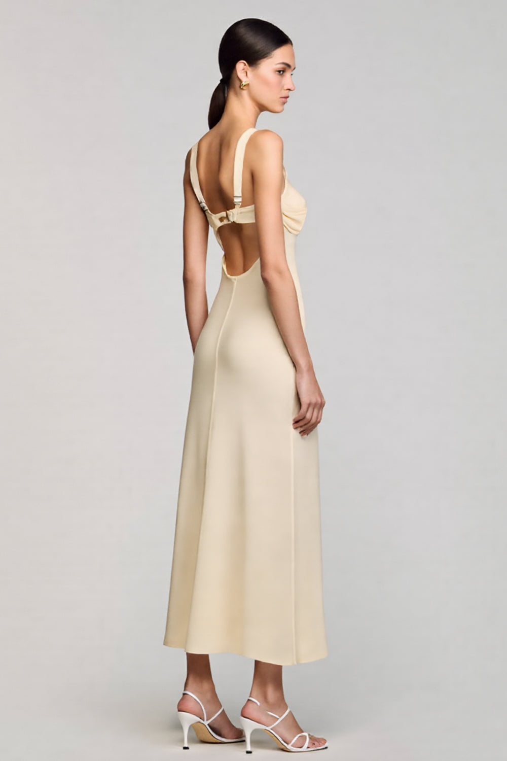 Wasserfall Ausschnitt Etui Aprikose Midi Hochzeitsgastkleid mit Schlitz