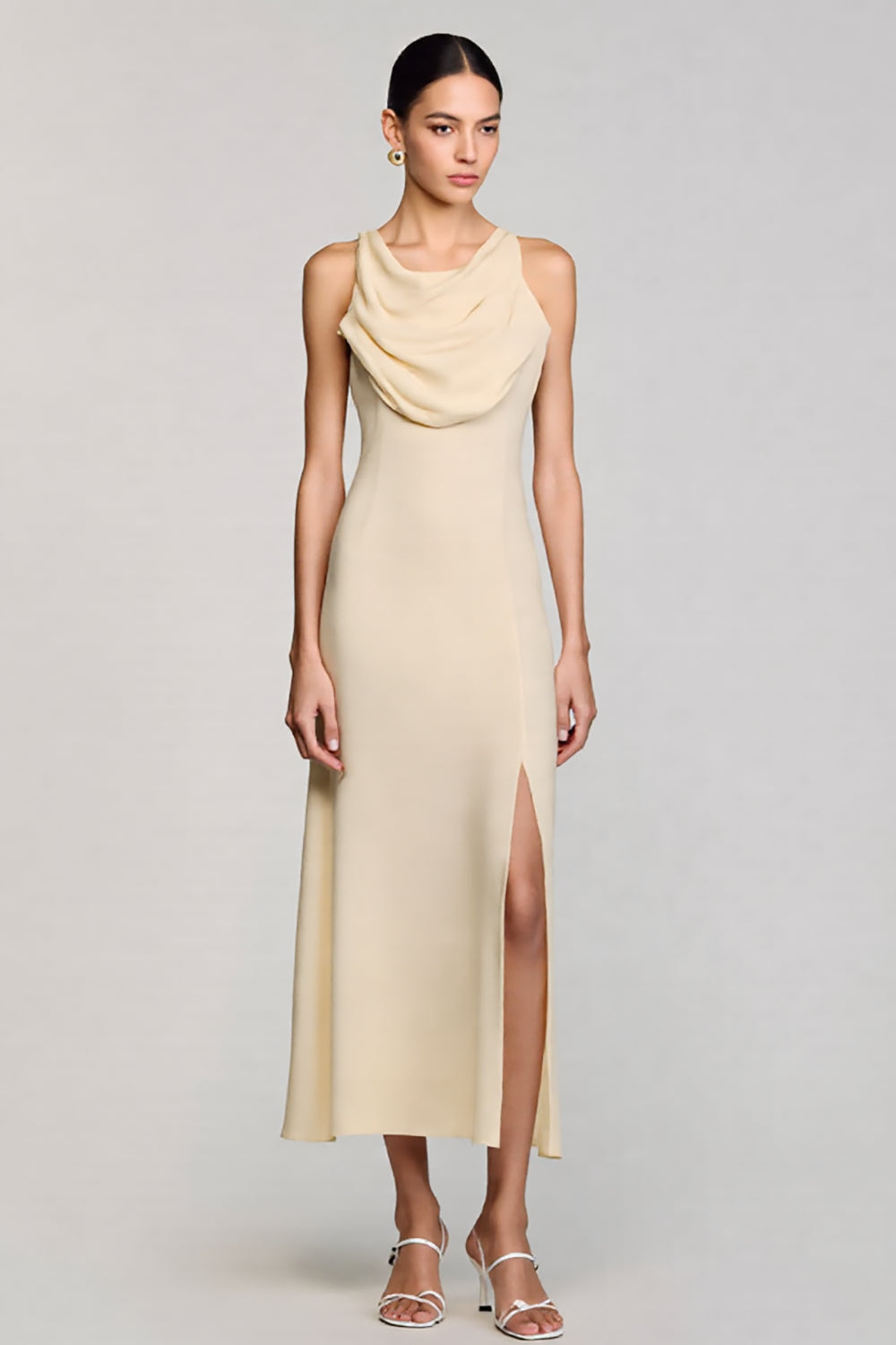 Wasserfall Ausschnitt Etui Aprikose Midi Hochzeitsgastkleid mit Schlitz