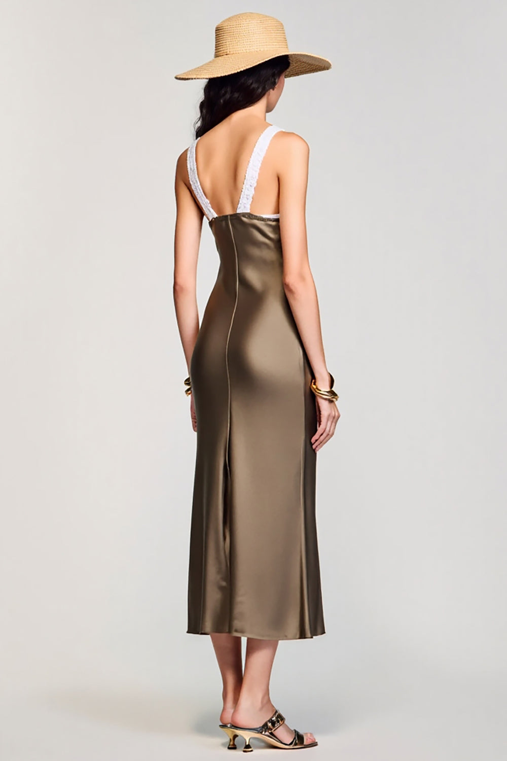 Olive Etui Midi Kleid für Hochzeitsgäste mit Rundhalsausschnitt