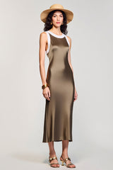 Olive Etui Midi Kleid für Hochzeitsgäste mit Rundhalsausschnitt