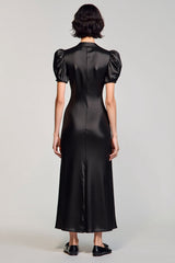 A Linie Schwarzes Langes Hochzeitsgastkleid mit Puffärmeln