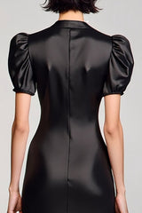 A Linie Schwarzes Langes Hochzeitsgastkleid mit Puffärmeln