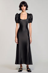 A Linie Schwarzes Langes Hochzeitsgastkleid mit Puffärmeln