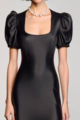 A Linie Schwarzes Langes Hochzeitsgastkleid mit Puffärmeln