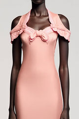 Kalte Schulter Meerjungfrau Rosa Hochzeitsgastkleid mit Schleife