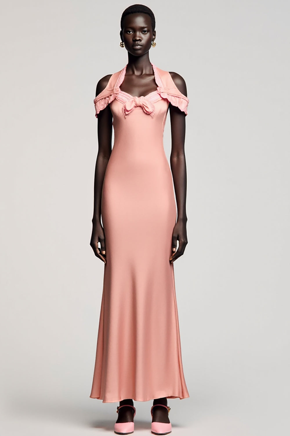 Kalte Schulter Meerjungfrau Rosa Hochzeitsgastkleid mit Schleife
