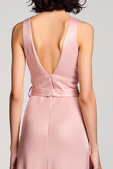 A Linie Rosa Rundhalsausschnitt Langes Hochzeitsgastkleid mit Gürtel