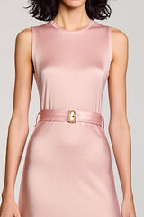 A Linie Rosa Rundhalsausschnitt Langes Hochzeitsgastkleid mit Gürtel