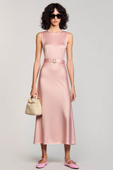 A Linie Rosa Rundhalsausschnitt Langes Hochzeitsgastkleid mit Gürtel
