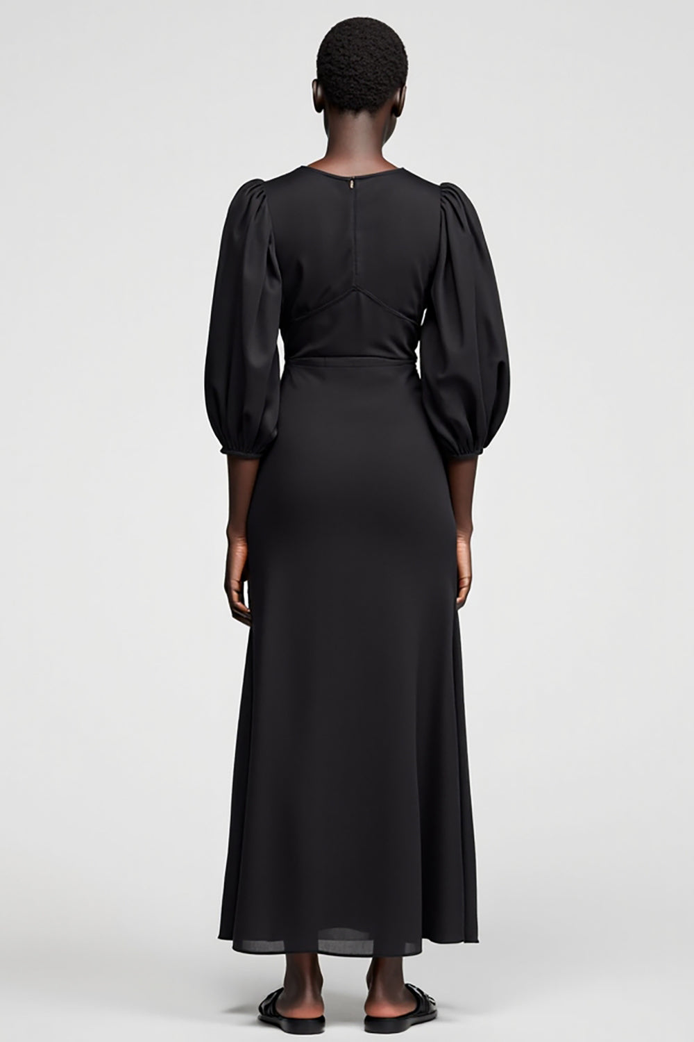 Schwarzes A-Linie 3/4 Ärmel Langes Hochzeitsgastkleid mit Quaste