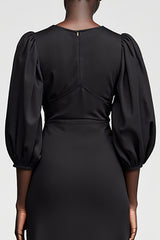Schwarzes A-Linie 3/4 Ärmel Langes Hochzeitsgastkleid mit Quaste