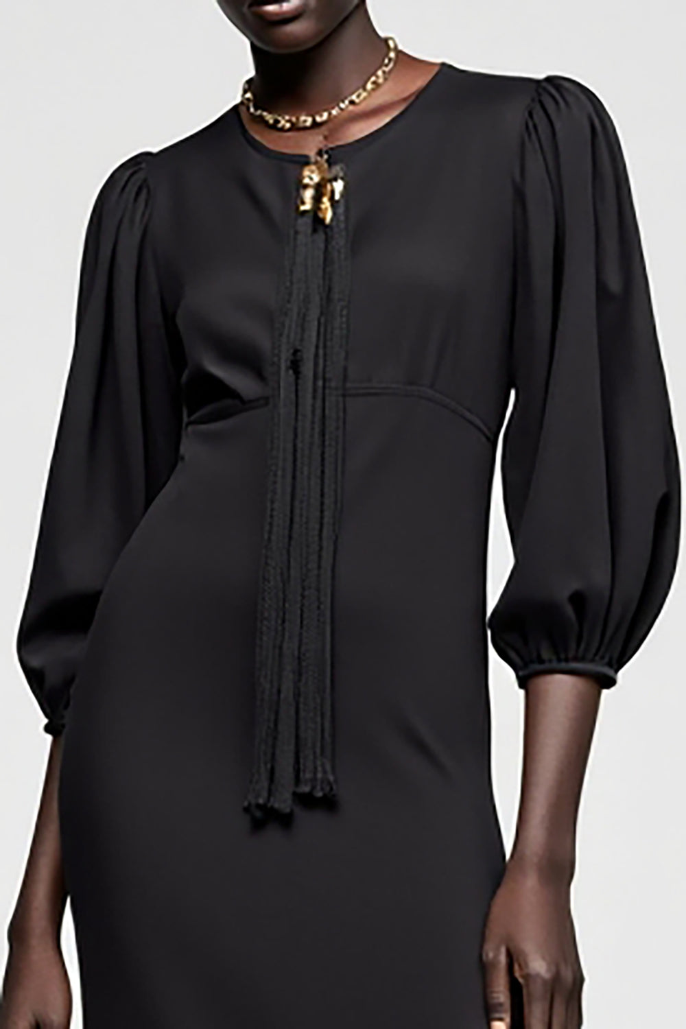 Schwarzes A-Linie 3/4 Ärmel Langes Hochzeitsgastkleid mit Quaste