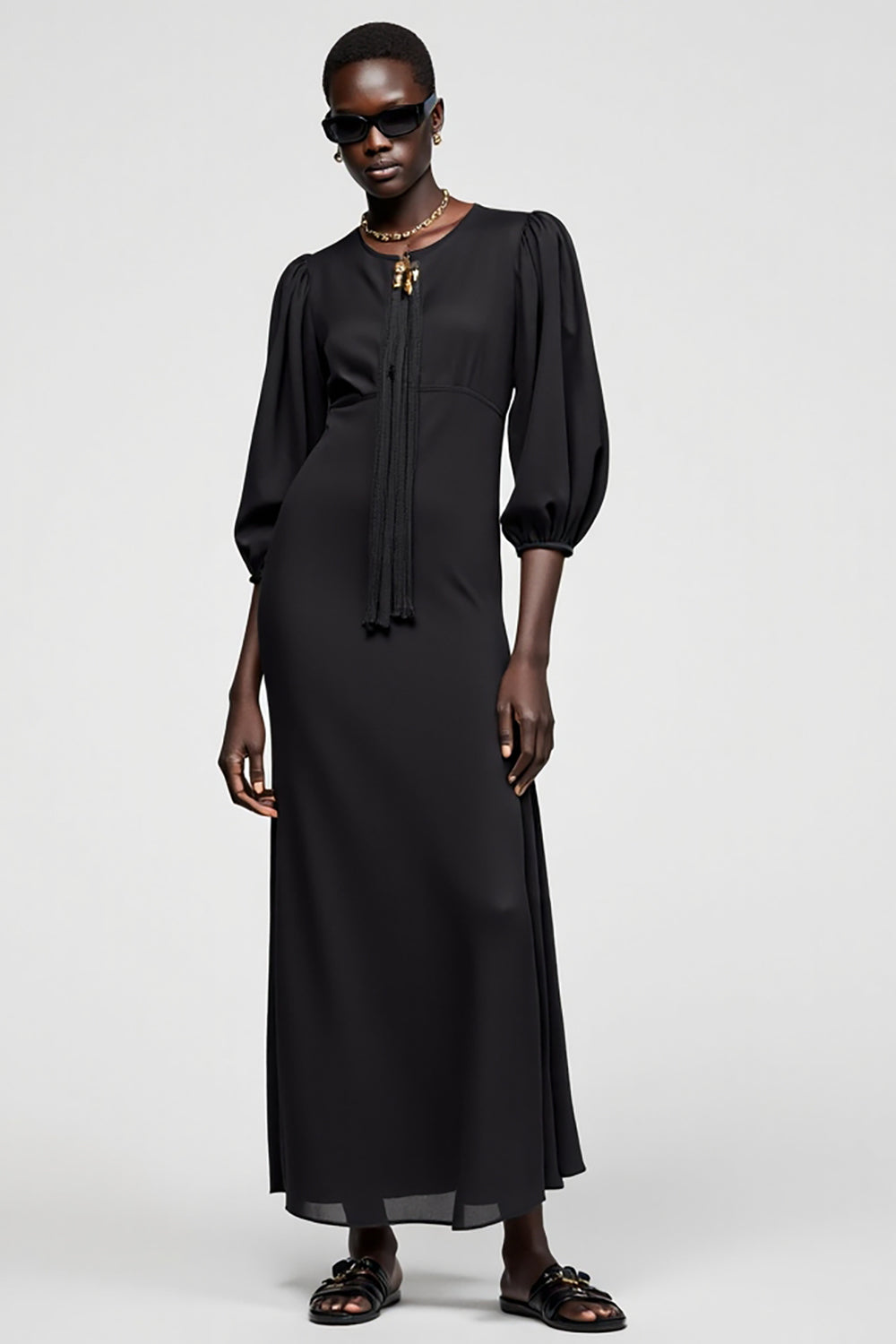 Schwarzes A-Linie 3/4 Ärmel Langes Hochzeitsgastkleid mit Quaste