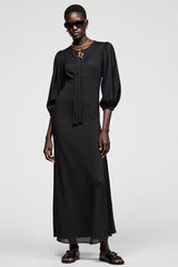 Schwarzes A-Linie 3/4 Ärmel Langes Hochzeitsgastkleid mit Quaste