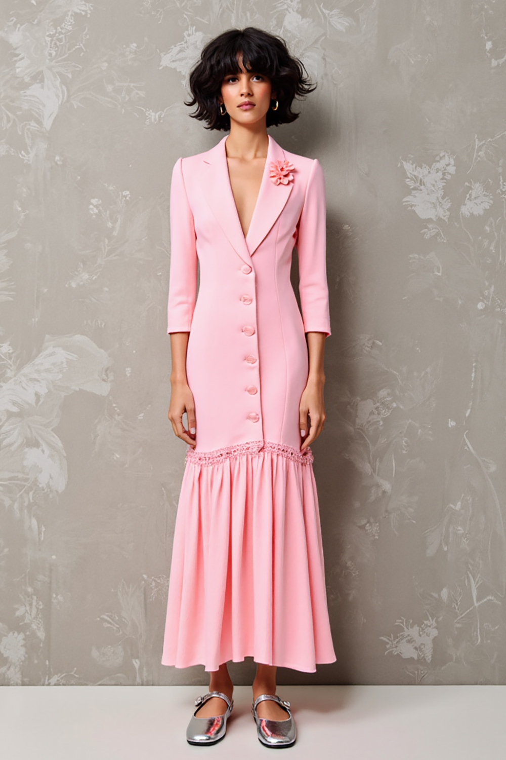 Rosa Gekerbtes Revers Blumen 3/4 Ärmel Hochzeitsgastkleid