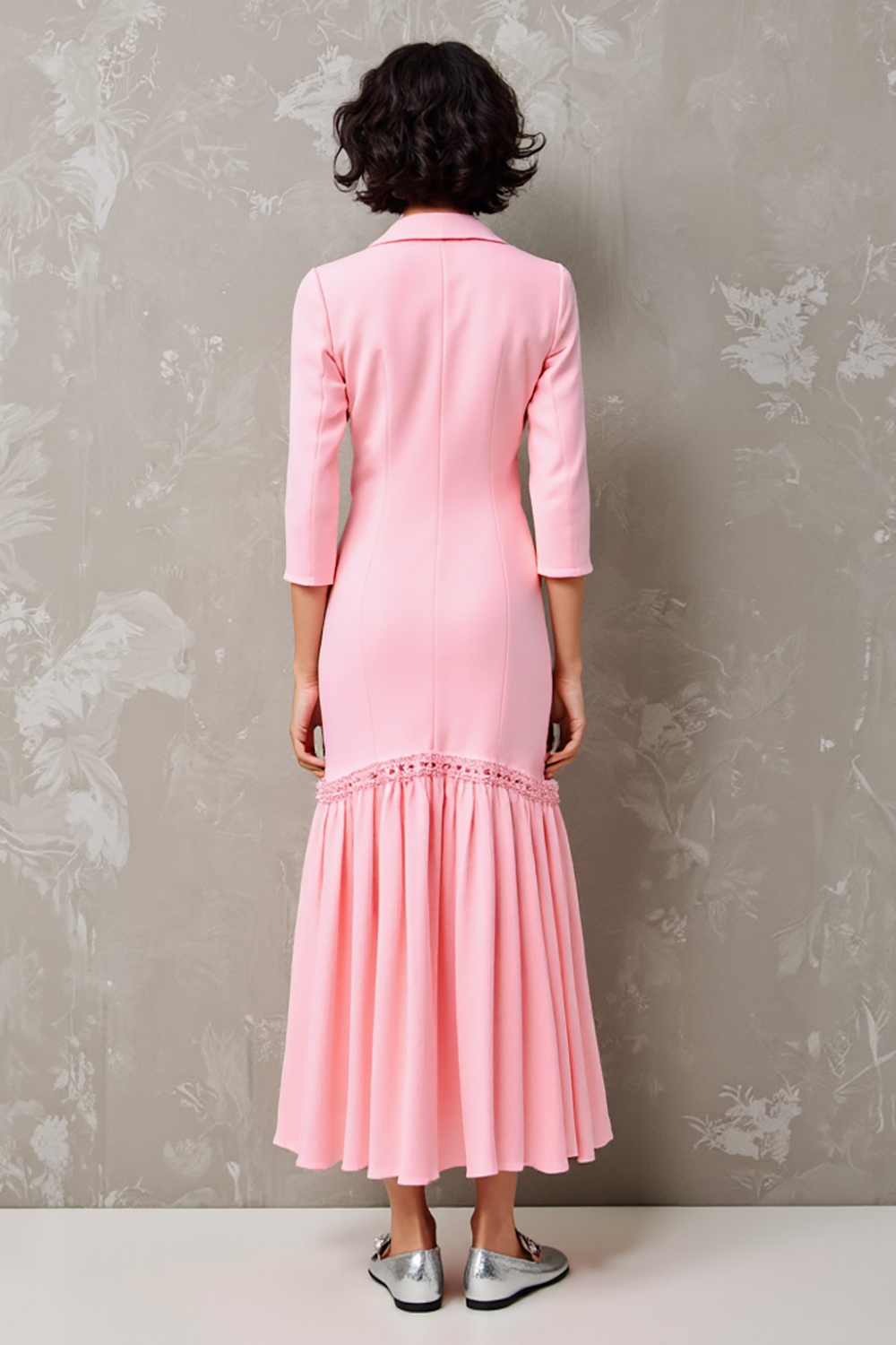Rosa Gekerbtes Revers Blumen 3/4 Ärmel Hochzeitsgastkleid