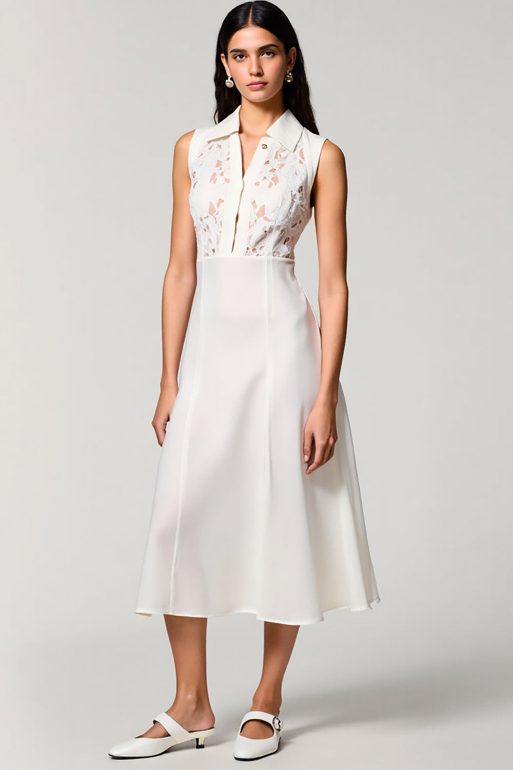 Weißes A-Linie Midi Kleid für Hochzeitsgäste mit Polokragen und Spitze