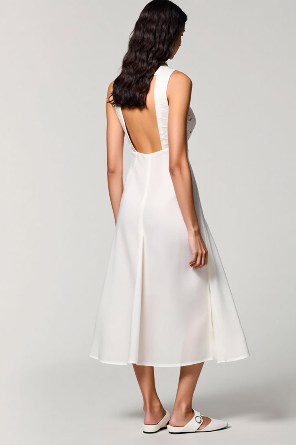 Weißes A-Linie Midi Kleid für Hochzeitsgäste mit Polokragen und Spitze