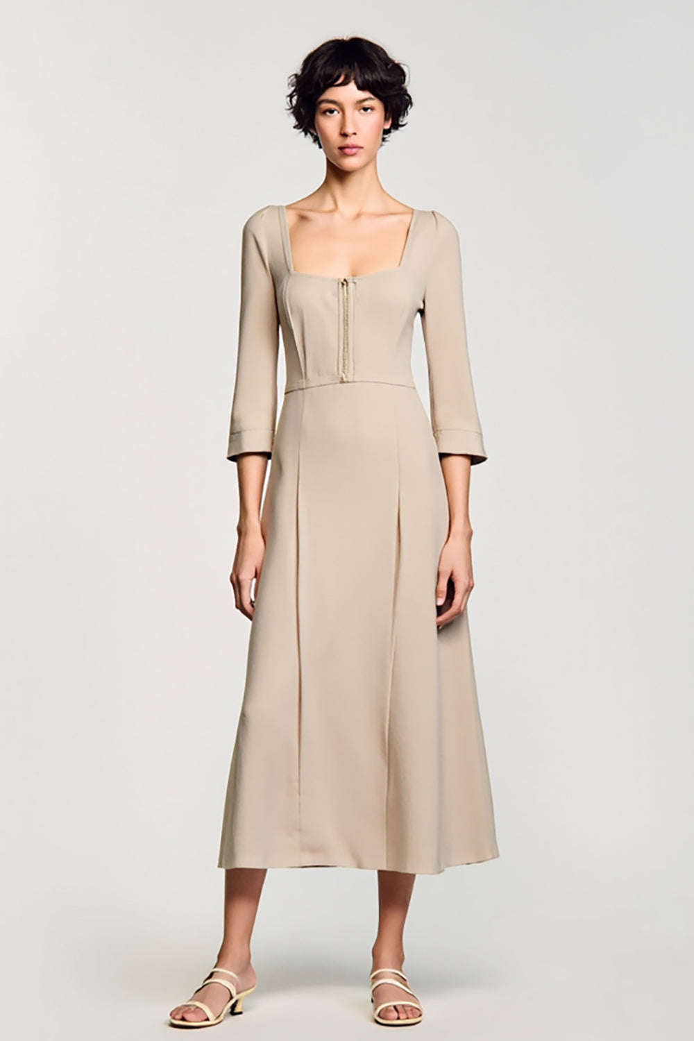 Aprikose A Linie Quadratischer Ausschnitt 3/4 Ärmel Hochzeitsgastkleid