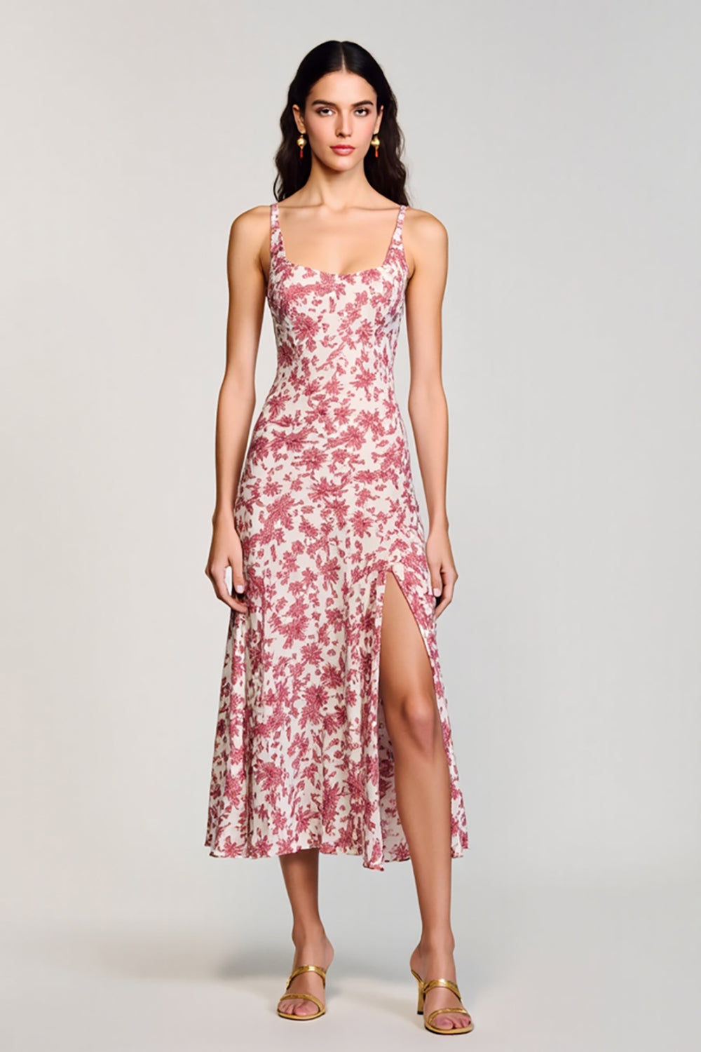 Rotes  A-Linie Blumen Kleid für Hochzeitsgäste mit quadratischem Ausschnitt