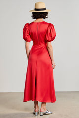 Rotes A-Linie Hochzeitskleid aus Satin mit Puffärmeln