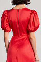 Rotes A-Linie Hochzeitskleid aus Satin mit Puffärmeln