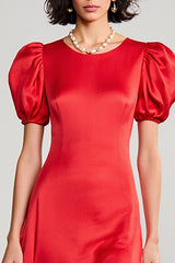 Rotes A-Linie Hochzeitskleid aus Satin mit Puffärmeln