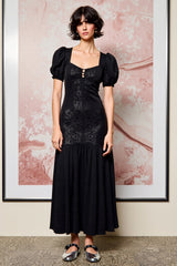 Schwarzes A-Linie Hochzeitsgastkleid aus Spitze mit Puffärmeln