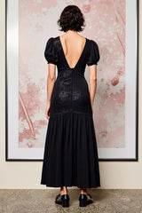 Schwarzes A-Linie Hochzeitsgastkleid aus Spitze mit Puffärmeln