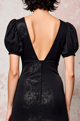 Schwarzes A-Linie Hochzeitsgastkleid aus Spitze mit Puffärmeln