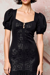 Schwarzes A-Linie Hochzeitsgastkleid aus Spitze mit Puffärmeln