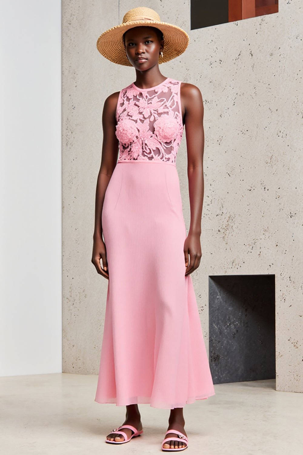 Rosa Rundhalsausschnitt Etui Kleid für Hochzeitsgäste mit Spitze